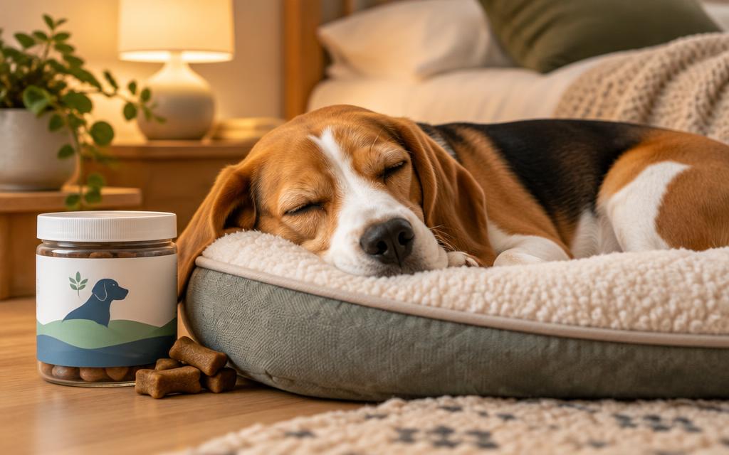 Beagle sleeping peacefully next to calming chews